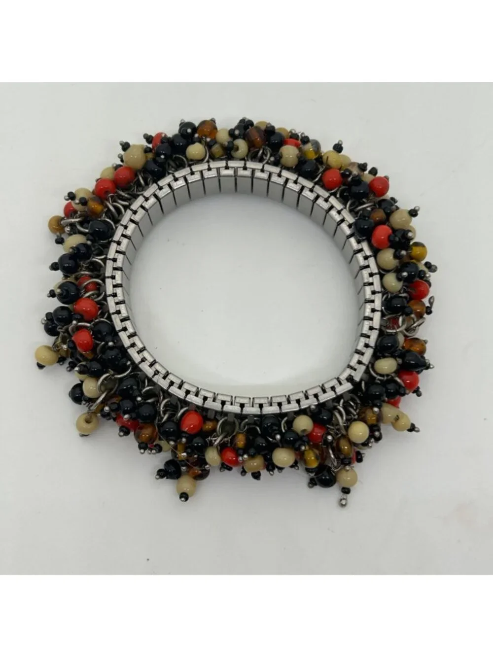 Twist-O-Flex Cha-Cha Bracelet 1960s Vintage Silver-Tone With Multicolor Beads